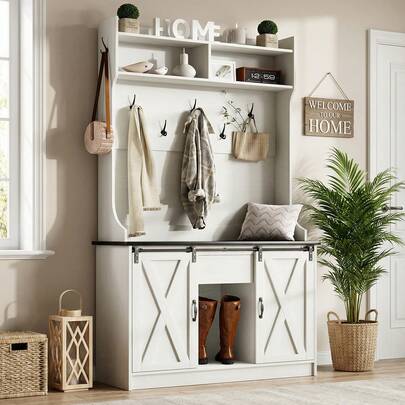 42" Hall Tree With Shoe Storage, 5-In-1 Entryway Bench With Storage Coat Rack, Entryway Hall Tree With Bench And Adjustable Shelf, White/ Brown