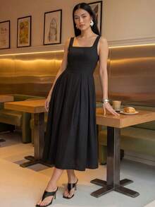 A&DD MODA,REF:MK09 - Women's Midi Dress With Elastic Straps And Pockets, Lightweight And Breathable Summer Dress Made Of Linen Fabric, Sweet And Slim Square Neckline, Sleeveless, Fitted Waist And A-Line Skirt, Suitable For Women - 黑色 - 查看 4