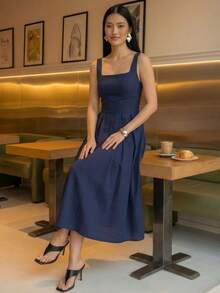A&DD MODA,REF:MK09 - Women's Midi Dress With Elastic Straps And Pockets, Lightweight And Breathable Summer Dress Made Of Linen Fabric, Sweet And Slim Square Neckline, Sleeveless, Fitted Waist And A-Line Skirt, Suitable For Women - 藏蓝色 - 查看 2