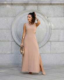 Women's Long Tailored Dress, High Neck, Side Slit, Side Opening Detail, Comfortable, With Pockets, Elegant - Màu be - Xem 2