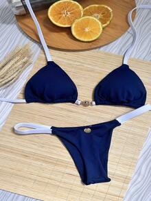 Navy Blue And White String Bikini With Sun Buckle, Thong Style, Removable Padding, Polyamide, Tan Lines, Summer, Bronze, Cute, Knit Fabric, Tie-Back, Tie-Knot, Vacation, Beach. - 藏蓝色 - 查看 11