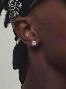 CVNANA 2pcs Hip Hop Style Men's Square Diamond Stud Earrings With Geometric Design - Silver - View 2