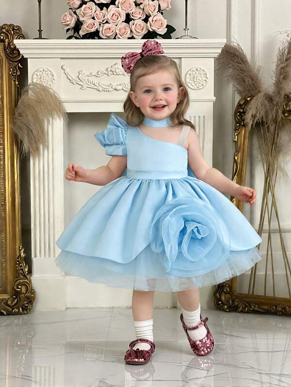 Baby Girls' Oblique Shoulder 3D Floral Back Bow Satin Cute Birthday Dress, Suitable For Flower Girl, Wedding, Party, Does Not Include Headband