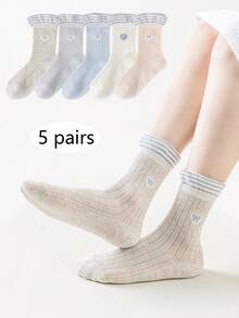 5双装女童简约爱心结网眼透气中筒袜，时尚百搭可爱蕾丝公主袜，休闲运动学生袜，儿童袜，春夏款 - 彩色 - 查看 1