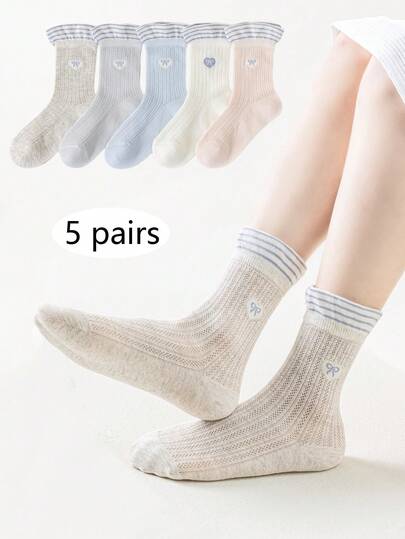 5双装女童简约爱心结网眼透气中筒袜，时尚百搭可爱蕾丝公主袜，休闲运动学生袜，儿童袜，春夏款