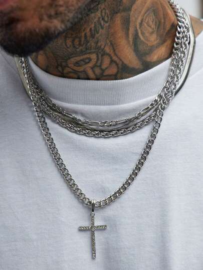 4件套极简朋克休闲街头嘻哈风十字架水晶不锈钢蛇骨链吊坠项链套装，男士适用，适合派对、约会、休闲、日常佩戴，全新百搭组合