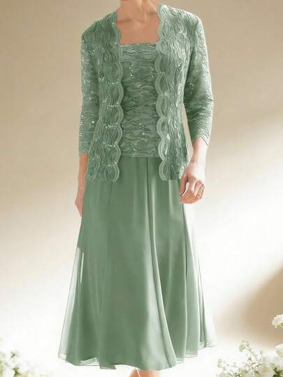 Elegant Two Piece Evening Outfit Featuring a Round Neck Sequin Lace Top Paired with a Matching Short Lace Jacket, Designed with Soft Wave-Edge Lace Trim for a Refined and Layered Look, Completed with a Flowing Chiffon Midi A-Line Skirt that Moves Gracefully with Every Step, Lightweight Sequin Lace and Airy Chiffon Fabrics Offering Breathable Comfort and Subtle Shimmer, Ideal as Mother of the Bride Dress Set, Wedding Reception Outfit, Formal Dinner or Special Social Occasion, Perfect for Women Seeking a Modest Yet Polished Style with Mature Elegance, Gentle Femininity and Timeless Sophistication