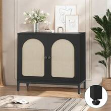 Aparador con puertas de ratán, estantes ajustables, aparador decorativo para entrada, sala de estar, aparador negro con patas de madera maciza. - Negro - Ver 2