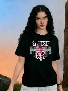 Camiseta de Cuello Redondo para Mujer Hecha de Algodón Suave y transpirable Estilo Casual con Diseño de Letras y Corazón Patrón de Rayas y Cuadros Colores Pastel Ideal para Usar Diario en Ocasio - Negro - Ver 1