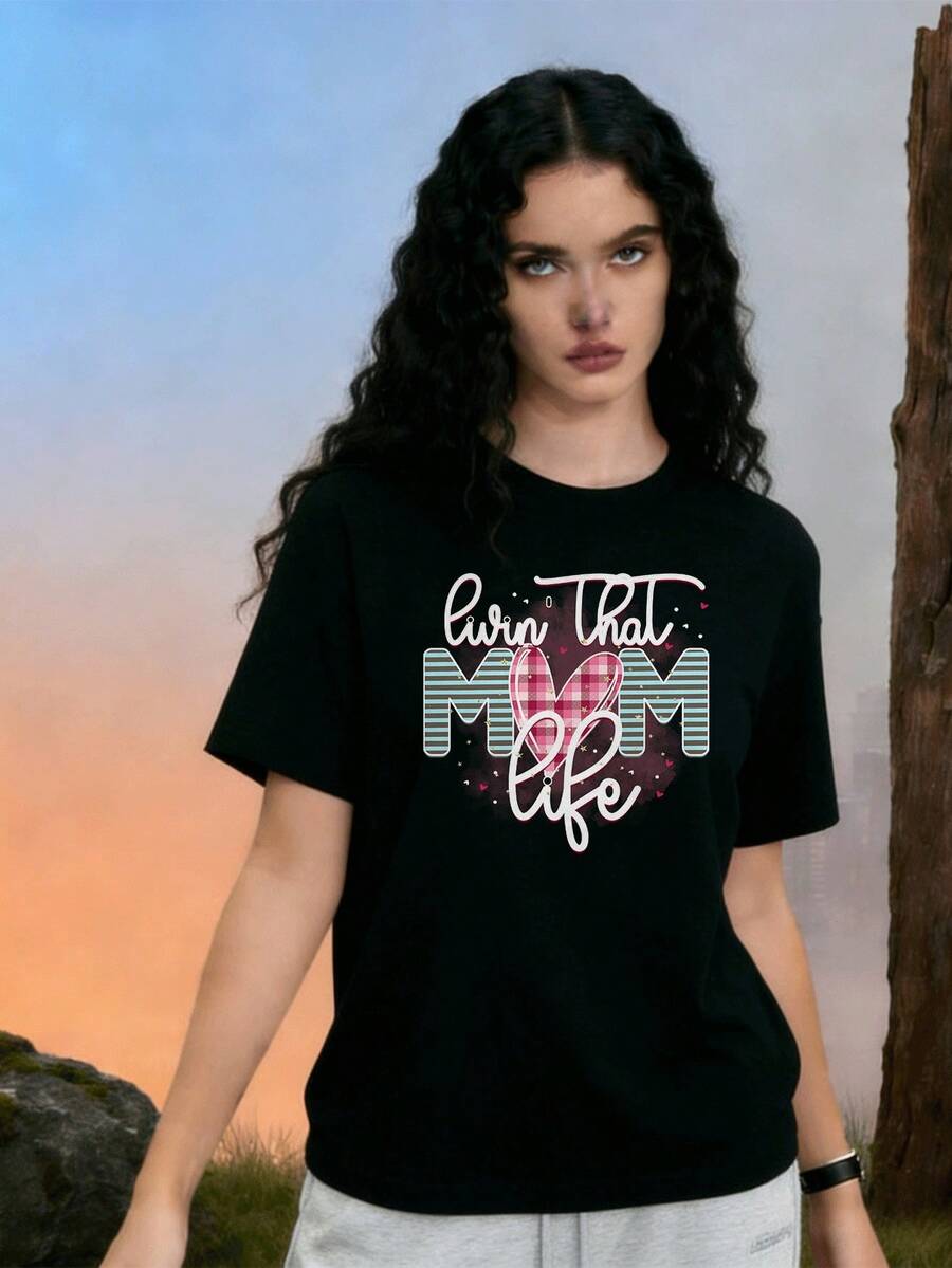 Camiseta de Cuello Redondo para Mujer Hecha de Algodón Suave y transpirable Estilo Casual con Diseño de Letras y Corazón Patrón de Rayas y Cuadros Colores Pastel Ideal para Usar Diario en Ocasio - Negro - Ver 1