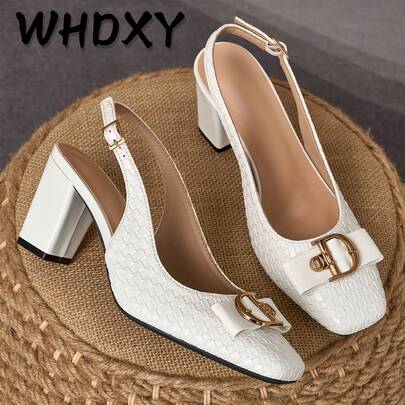 WHDXY Women's White Woven Pattern High Heel Sandals, 7cm Chunky Heel With Metal Buckle, Open Heel Design Slimming, Versatile For Work, Date, Party