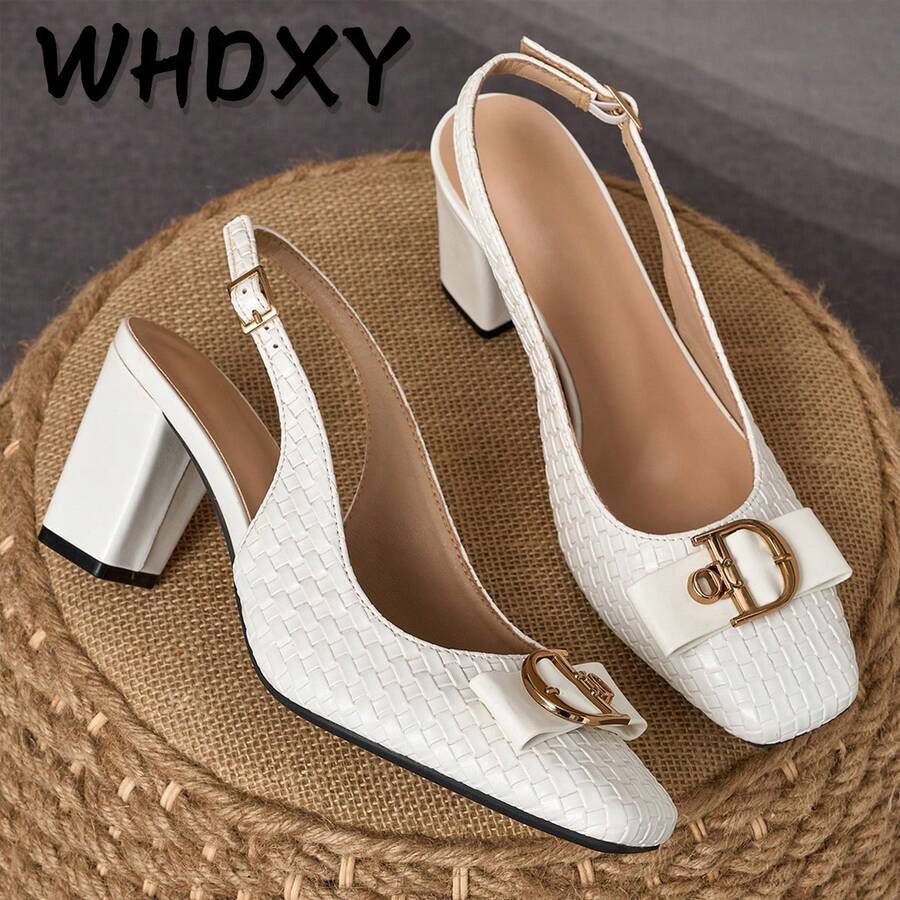 WHDXY Women's White Woven Pattern High Heel Sandals, 7cm Chunky Heel With Metal Buckle, Open Heel Design Slimming, Versatile For Work, Date, Party - White - View 1