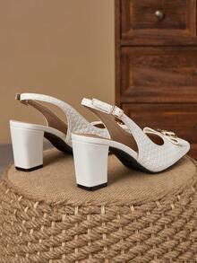 WHDXY Women's White Woven Pattern High Heel Sandals, 7cm Chunky Heel With Metal Buckle, Open Heel Design Slimming, Versatile For Work, Date, Party - White - View 3