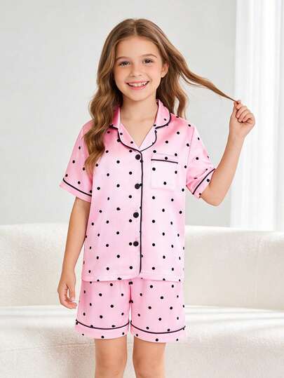 2pcs Tween Girl Pink Polka Dot Short Sleeve Shorts Pajama Set
