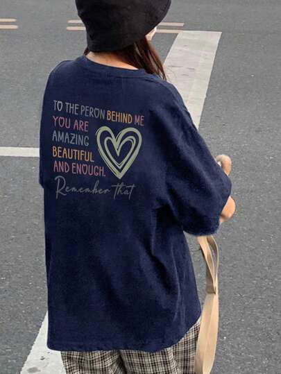 New Spring/Summer Deep Grey Heart & Colorful Letter Print Casual Versatile Loose Comfortable Women Short Sleeve T-Shirt