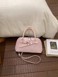 1pc Pink Solid Color Metal Lock Decor Oil Wax PU Leather 2-Way Handbag Zipper Closure Sweet Tote Shoulder Bag For Girls Daily Use - Pink - View 5