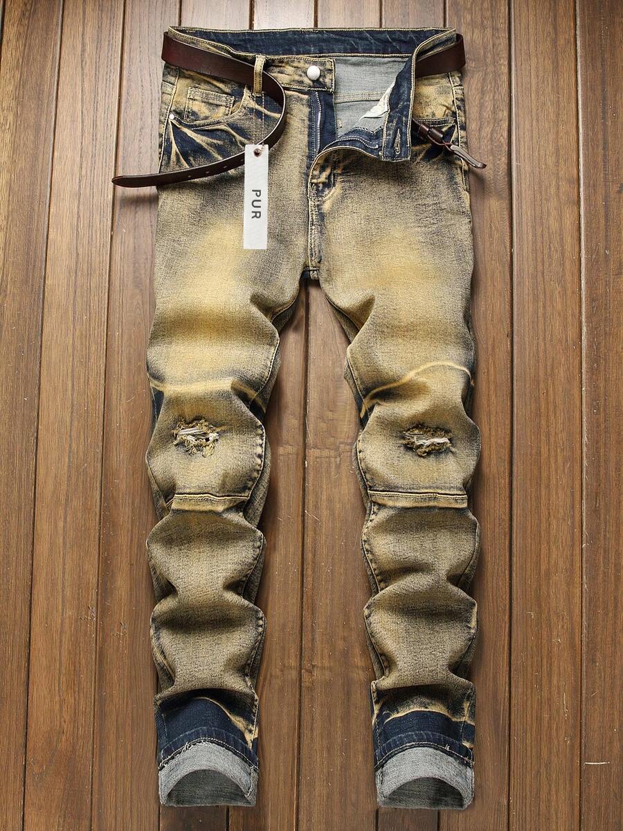 Pantalones largos de moda para hombres en el año 2026 en la tienda independiente de , jeans con remaches y agujeros, ideales para fiestas de Año Nuevo y invierno, en  al final del año, un gran éxito - Amarillo - Ver 1