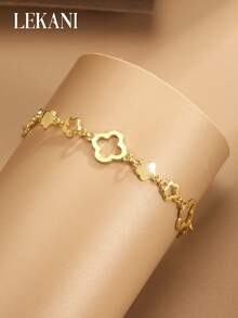 1 件 S925 纯银花朵和三叶草空心链手链，简约时尚，适合日常佩戴，送给母亲、女友的优雅礼物 - 金色 - 查看 4