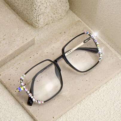 1pc Square Rhinestone Decorated Eyeglasses, Elegant Metal Arm Butterfly Decor Reading Glasses, Unisex Multi-Pack Combo