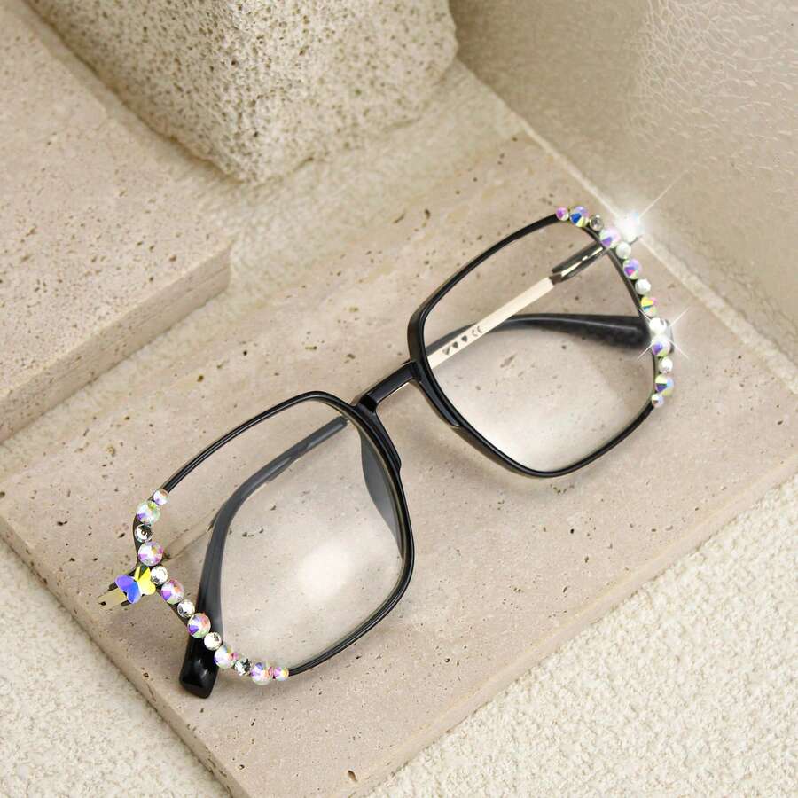 1 pièce Lunettes carrées décorées de strass, élégantes lunettes de lecture avec bras en métal et décoration papillon, combo multi-pack unisexe - Noir - Voir 1