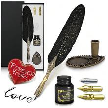 Feather Quill Pen And Ink Set – Black Feather Pen And Ink Set With Stainless Steel Nib & Stand For Calligraphy Beginners, Authors & Writers – Unique Gift & Vintage Decor For Home & Office - 黑色的 - 查看 1