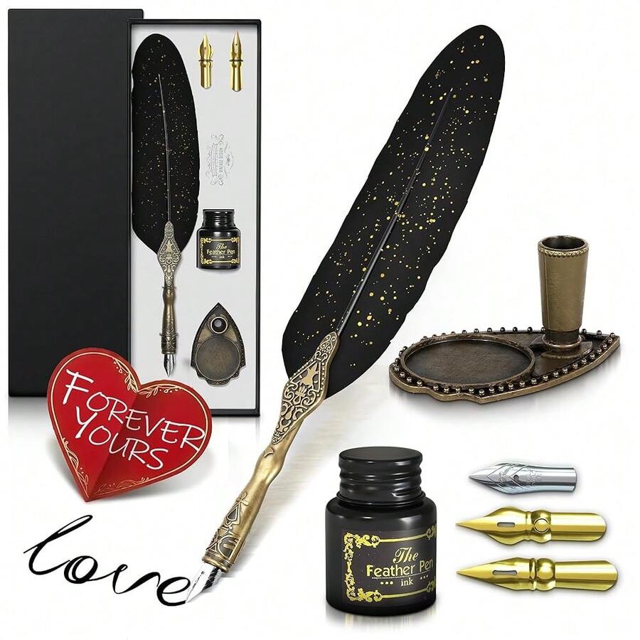 Feather Quill Pen And Ink Set – Black Feather Pen And Ink Set With Stainless Steel Nib & Stand For Calligraphy Beginners, Authors & Writers – Unique Gift & Vintage Decor For Home & Office - 黑色的 - 查看 1