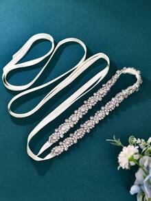 1件闪亮水晶长款婚纱腰带，舞台表演正式礼服配饰，价格实惠的新娘伴娘细腰带，节日礼物 - 米白色絲帶 - 查看 4