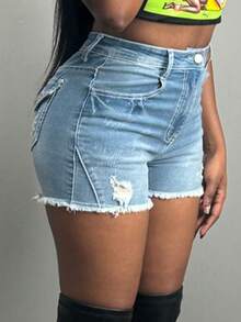 Women's Mid-Rise Denim Shorts With Stretch And Rips For Urban Looks - Light Wash - View 3