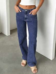 Pantalones vaqueros rectos de tiro medio de lavado oscuro azul para mujer, ajuste delgado, de algodón, pantalones de mezclilla de estilo de moda casual y versátil - Azul lavado oscuro - Ver 5