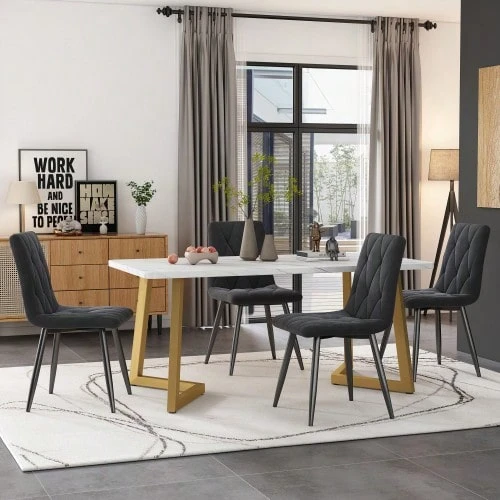 Dining Set (117x68cm Dining Table With 4 Chairs), Rectangular Dining Table, Modern Kitchen Table Set, Dining Chair In Dark Grey Twill Velvet, Gold Table Legs - White - View 1