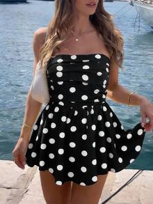 Đầm ngắn cúp ngực gợi cảm chấm bi xếp tầng thanh lịch của PoPoHouse dành cho nữ, phù hợp cho mặc hàng ngày, kỳ nghỉ hè, đi biển, dự tiệc, đi chơi, đầm chấm bi đen trắng. - màu đen - Xem 5