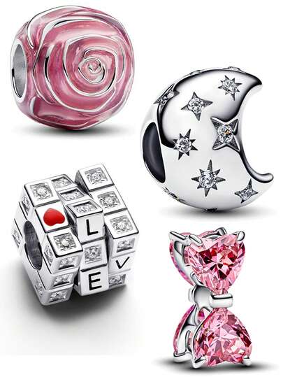 1件精致浪漫壁龛设计情人节系列粉色玫瑰、月亮、蝴蝶结串珠装饰创意百搭DIY手链项链礼物送给爱人