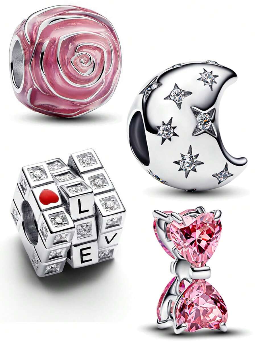 1件精致浪漫壁龛设计情人节系列粉红玫瑰、月亮。蝴蝶结串珠装饰创意百搭DIY手链项链铜质情侣礼物 - 彩色 - 查看 1