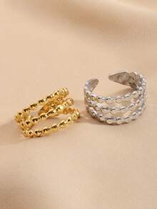 Set de 2 anillos abiertos multicapa de acero inoxidable de moda, en dorado y plateado, adecuados para uso diario de mujeres o como regalo - Multicolor - Ver 2