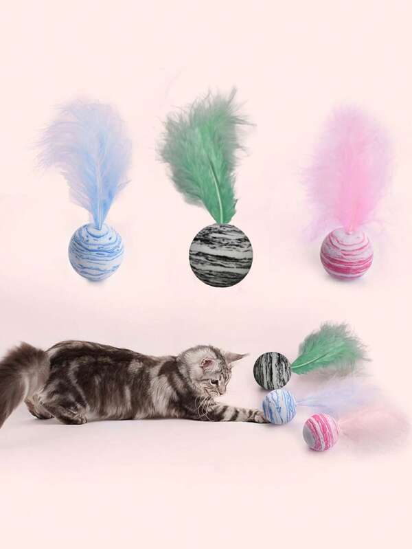 1入組彩色星空球帶羽毛圖案設計適用於貓,顏色隨機