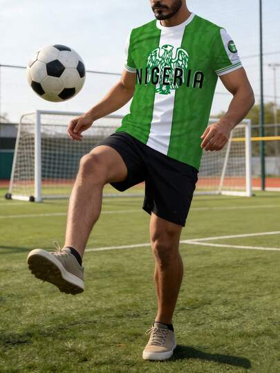 3D Digital Printed Nigeria National Flag Inspired Loose Fit Crew Neck T-Shirt With Eagle Emblem And "NIGERIA" Text, Vibrant Colors Print, Suitable For Cheering, Casual Wear, And Sports