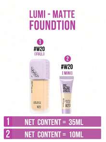 Maybelline LUMI-MATTE 粉底液 #W20 柔和米色 35ml/10ml，轻盈持久，透气成膜技术，防汗，打造自然哑光光泽，轻薄遮瑕，赋予肌肤微妙光泽，有效遮盖瑕疵，适合中性肤色，是初学者和日常使用的理想之选，是日常妆容的完美之选，也是送给女朋友的贴心礼物。 - W20 - 查看 5