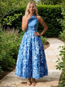 New Women's Casual Blue Printed Dress, Round Neck, Sleeveless A-Line Silhouette, Elegant Long Dress, Women's Spring/Summer Clothing. - 藍色 - 查看 4