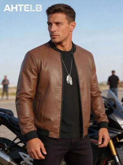  AHTELB Men's Cool British Style PU Leather Jacket, Vintage Stand Collar Casual Motorcycle Leather Coat, Gifts For Friends, Husbands, Boyfriends