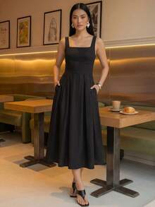 A&DD MODA,REF:MK09 - Women's Midi Dress With Elastic Straps And Pockets, Lightweight And Breathable Summer Dress Made Of Linen Fabric, Sweet And Slim Square Neckline, Sleeveless, Fitted Waist And A-Line Skirt, Suitable For Women - 黑色 - 查看 1