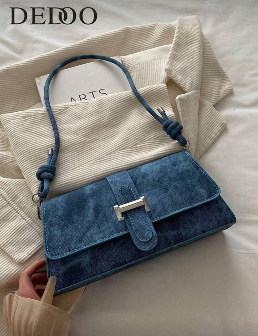 New Fashion Metal Decor Handbag Shoulder Bag, Suitable For Party, Outing, Vacation, Shopping And Daily Use, Can Store Coins, Phones, Also Suitable As Work Bag For Office Ladies, College Students And Professionals, Elegant Women Bag - Màu xanh lam - Xem 1