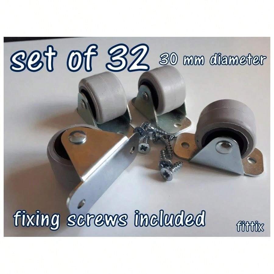 32 Rubber Rigid Fixed Castor Wheels Casters 30mm Bed Drawer Furniture Boxes - A - View 1