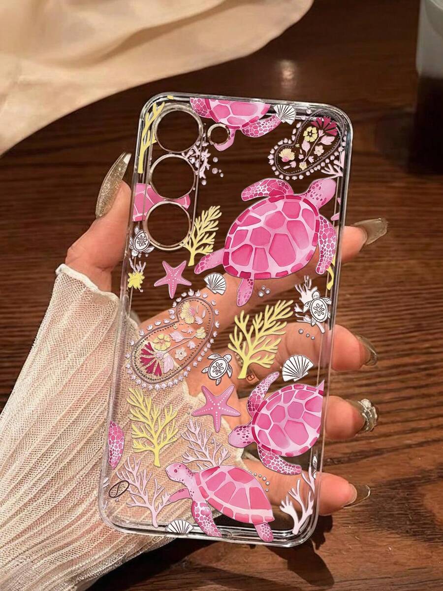 1pc Fashionable Creative Pink Sea Turtle, Seashell, Seaweed Soft Phone Case, Compatible With Huawei Honor, Galaxy A04e/12/A13/A14/A34/A50/A52/A53/A54/S21/S22/S23/S24/S25/S25Ultra/S25FE/S26/S26 PLUS/S26 ULTRA/S26 EDGE, 6A/7A/8A, 12T/13T/15T/15T Pro - Clear - View 1