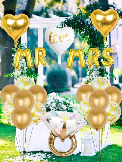 29件套婚礼气球套装，包含“MR MRS”字母铝箔气球、心形气球、彩色钻石铝箔气球、乳胶气球，适用于婚礼派对、周年纪念、新郎新娘礼物