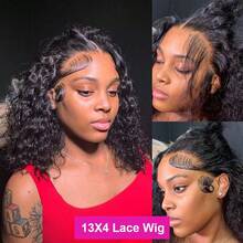 4x4 透明蕾丝闭合短款波浪卷发假发,巴西原生人发卷发假发,13x4 透明蕾丝卷发波波头假发 - Natural Black - 查看 3