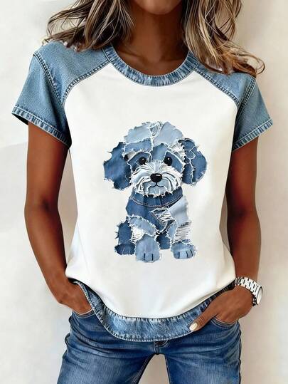 Floral & Denim Puppy Print For Women, Summer Beach For Women, Casual Blouses For Women, Women's Casual Round Neck Short Sleeve T-Shirt White