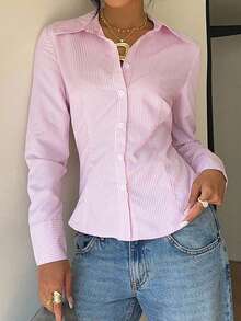 Áo sơ mi dài tay kẻ sọc buộc dây phía sau phong cách Y2K mùa hè dành cho nữ của Sunny Girly, kiểu dáng preppy màu hồng, phù hợp cho công sở, dạo phố và đi làm. - Hồng - Xem 4