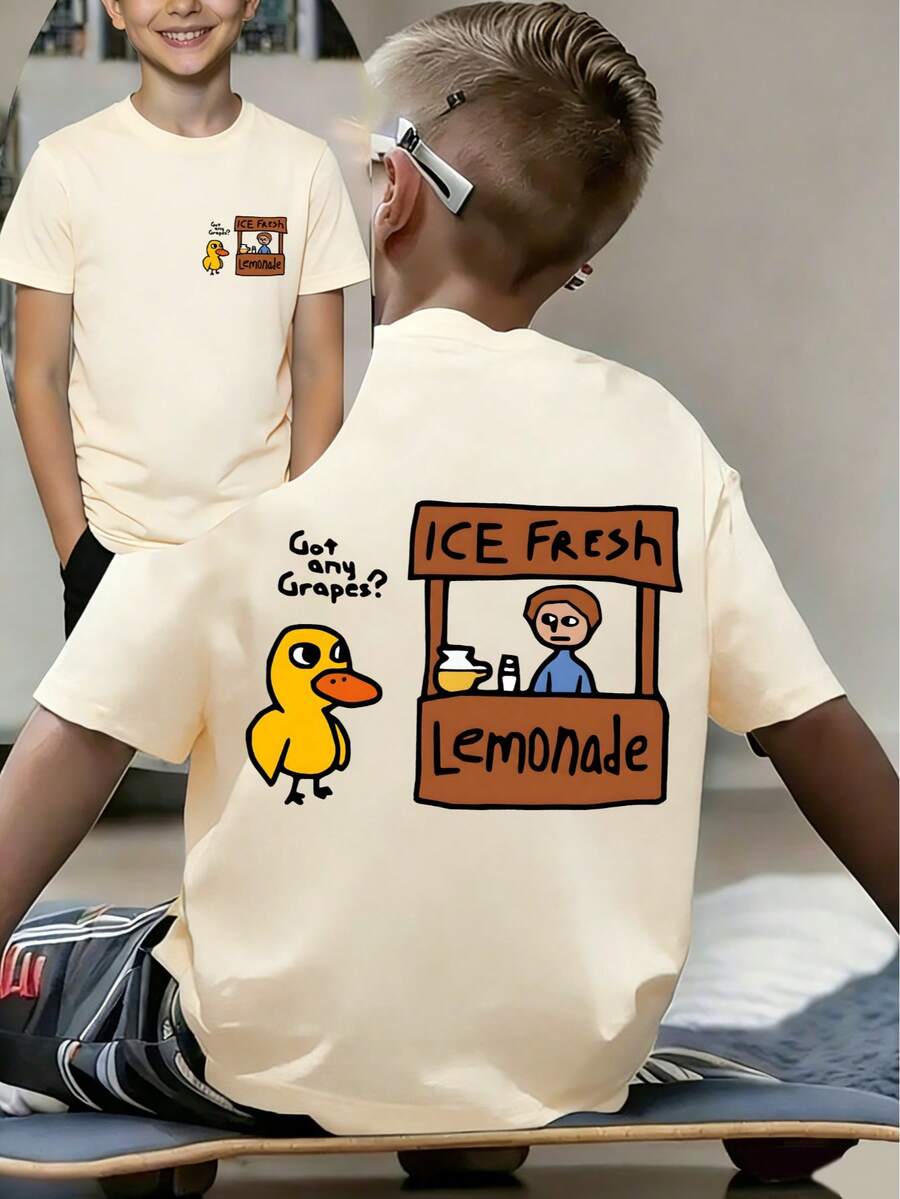 Camiseta con estampado de pato y puesto de limonada para niño preadolescente, de tela suave y cómoda, adecuada para deportes al aire libre, uso casual, ropa urbana, atuendo escolar, tops de moda para niños en primavera/verano - Albaricoque - Ver 1