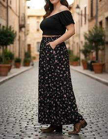 Saia Plus Size Cos Elastico Fenda Lateral Com Forro E Bolsos - PRETA FLORZINHA - Visão 3
