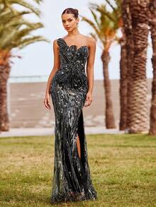 Faeriesty Women's Elegant Waist-Cinched Strapless Slit Design Party Dress Wedding - Black - View 8